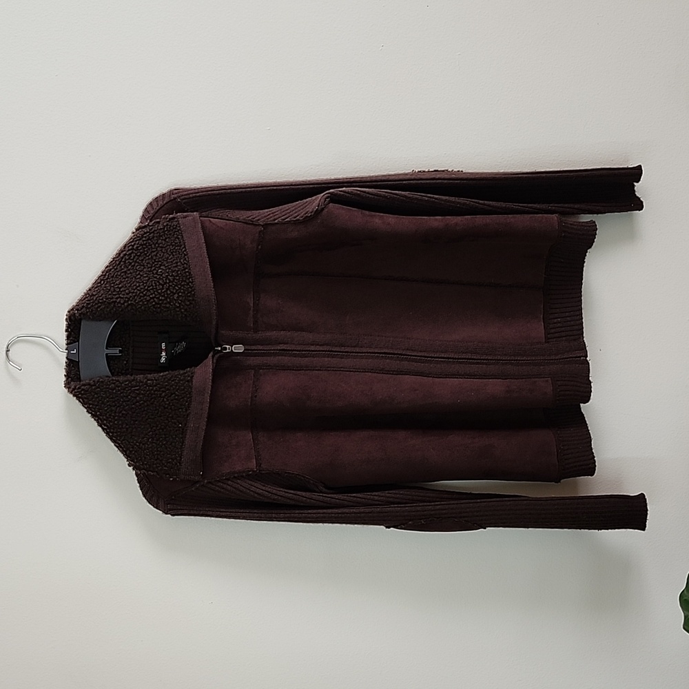 Style & Co brown wool blend full zip faux suede sweater fall staple ribbed Large